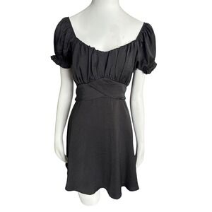Black Mini Dress Square Neck‎ Puff Sleeve Tie Back Party Cocktail Size Large